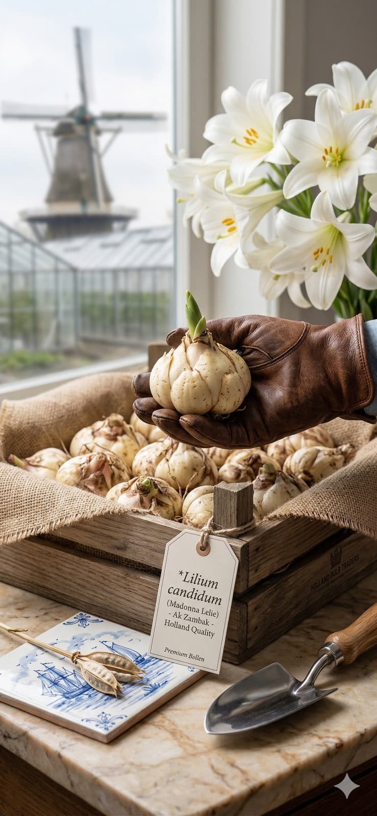 Lilium candidum bulbs graded to Holland quality standards, with a Dutch windmill