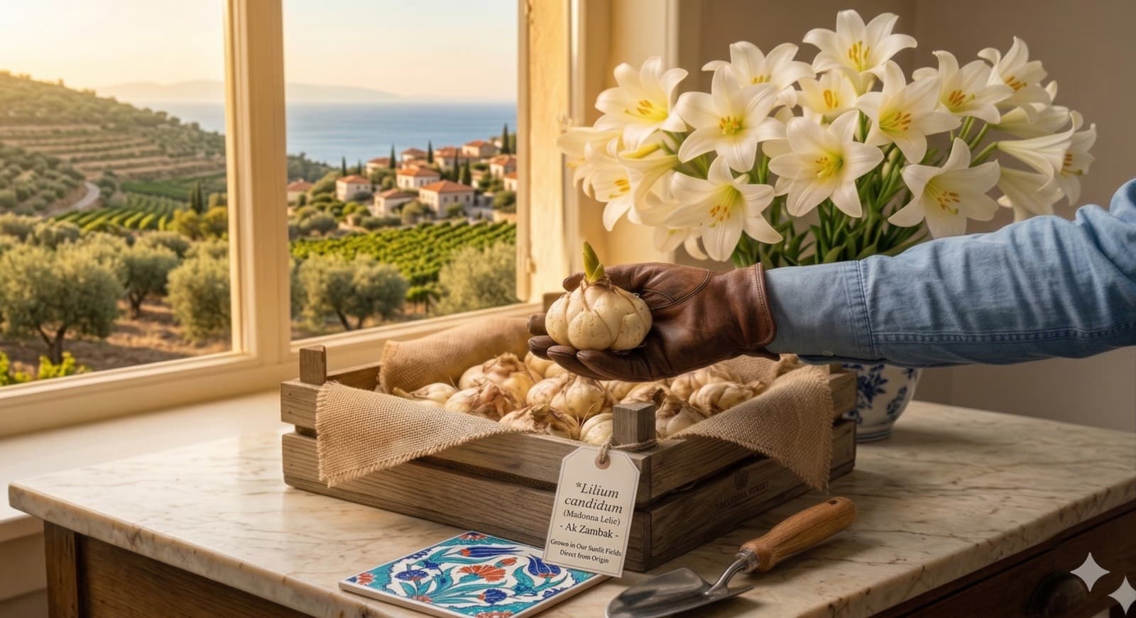 Crate of Lilium candidum bulbs with Mediterranean groves and Madonna Lily blooms
