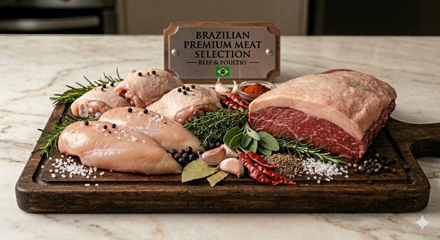 Selection of premium Brazilian poultry and beef cuts on a wooden board
